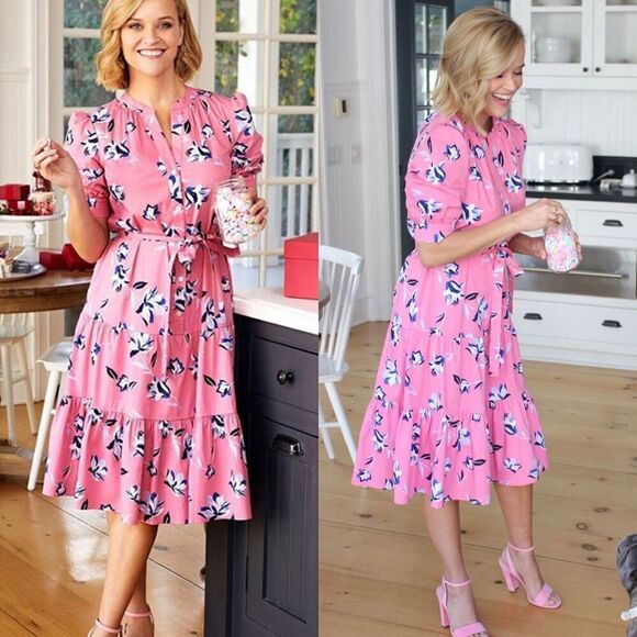 Draper James Women's Size 2X Pink Floral Button Front Tiered Midi Dress Preppy - Picture 3 of 14